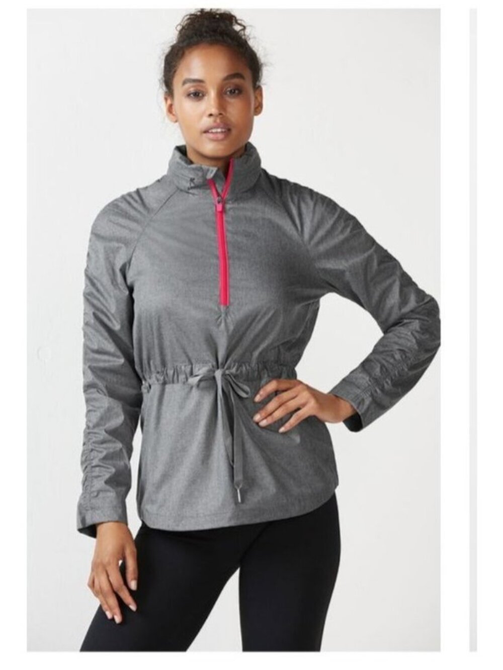 Fabletics Gray Ruched Long Sleeve Jacket Pink Zipper Drawstring Womens size larg